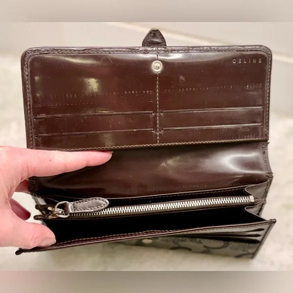 SOLD CELINE Vintage Macadam Logo Canvas/Patent Leather Long Flap Snap Wallet - Picture 11 of 16